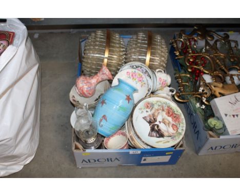 A box of various sundry items to include lampshades; pottery vase; oil lamp etc.