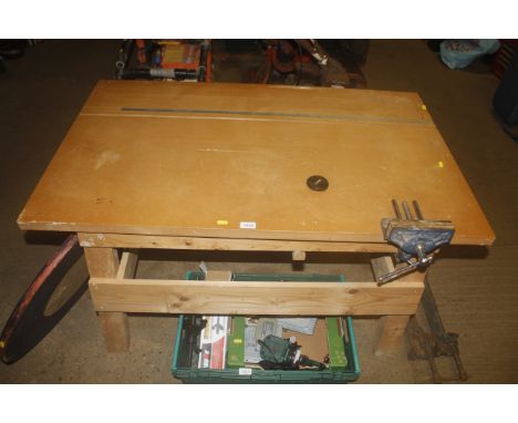 A wooden workbench measuring approx. 30" deep x 48" wide x 28" high, with fitted Record Junior No.51 bench vice