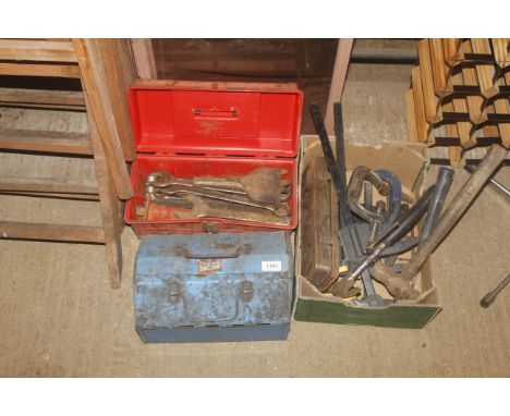 Three boxes containing various tools; to include small club hammer, spanners, plyers, quick release clamp etc.
