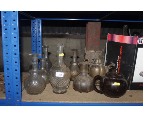 A quantity of various vintage glass ware; vases; bottles; teapots; brass teapot with decorative serpent spout etc.