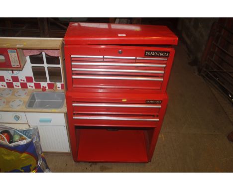 Two US Pro-tools cabinets.  One comprising hinged lid with three short over three long drawers and another, comprising two lo