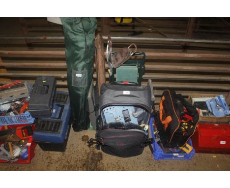 A travel case and contents of various tools, brushes, spanners etc., a shooting stick and two garden kneelers/ stools
