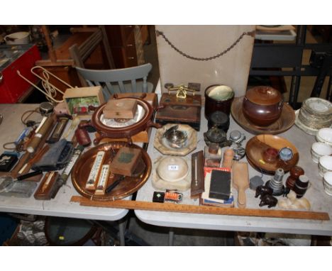 A collection of various wooden and metalware to include postal scales, copper 'Johnnie Walker' advertising tray, thermometers