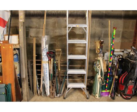 A Beldray three way domestic combination ladder and three wooden beams