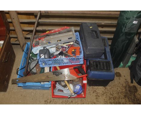 A quantity of various workshop tools; to include handsaw crow bar, smoothing plane, two plastic tool boxes, first aid kit, ti