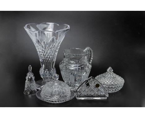 A GROUP OF BOHEMIA CRYSTAL AND OTHER CUT GLASS
Comprising a cut glass flared vase, a butter dish, a bell, a napkin holder, a 