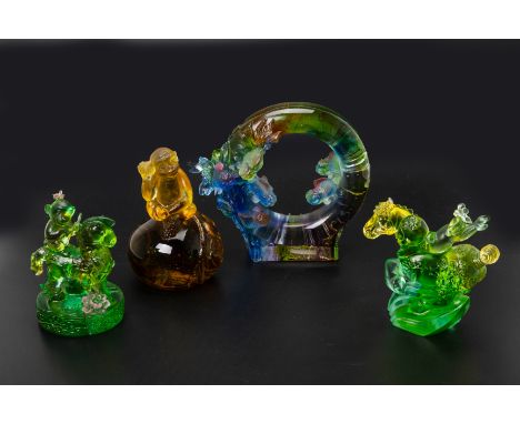 A GROUP OF FOUR LIULIGONGFANG ITEMS
Comprising a crystal monkey sat seated on a pile of fruits with a peach in hand (no. 8/25