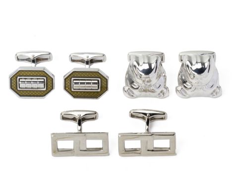 THREE PAIRS OF DUNHILL CUFFLINKS
.Comprising a pair of silver bulldog examples; a pair of silver and enamel examples with rot