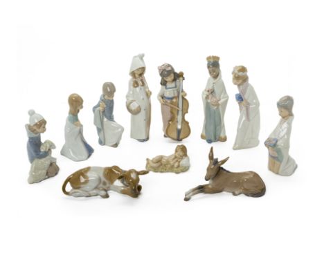 A LLADRO PORCELAIN NATIVITY SET Of a nativity scene, including King Balthasar, Little Donkey, Saint Joesph etc., comprising N