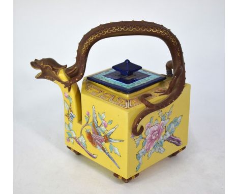 A Victorian Royal Worcester china Aesthetic Movement square teapot, the yellow ground painted with birds and foliage, dragon 