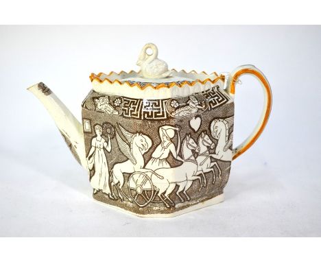 A scarce Regency pottery teapot with swan finial and crenelated gallery rim, transfer-printed in brown with neo-classical fri