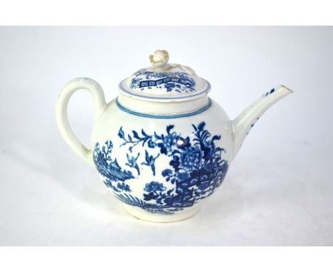 A First Period Worcester blue and white globular teapot, printed with the Fence pattern, the cover with floral finial, cresce