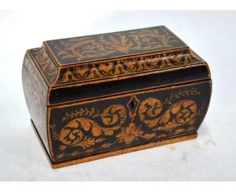 A Regency sarcophagus tea caddy with penwork scrolling foliage, 20 cm wideInner lids possibly replacements