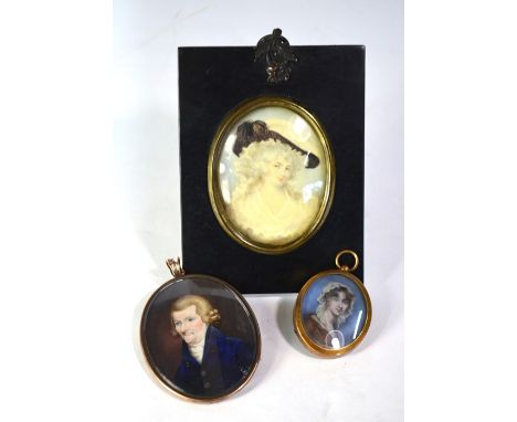 A portrait miniature on ivory of an 18th century lady to/w another of an elderly gentleman in gilt metal pendant frame and a 