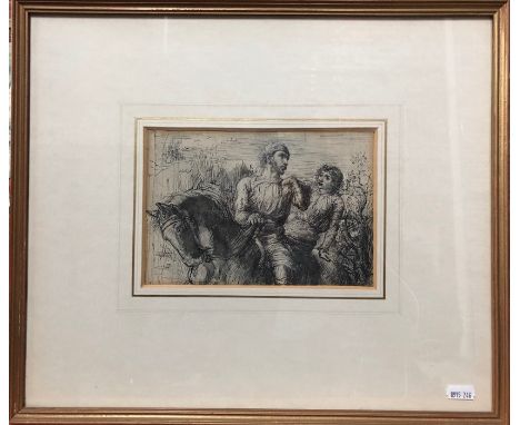 John Everett Millais (1829-1896) attrib - Sketch of figures on horseback, possibly preparatory sketch for Sir Isumbras, pen a