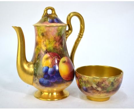 A Royal Worcester china coffee pot and cover painted with fruit by Horace Price, 1923, 17 cm high, to/w a matching sugar basi