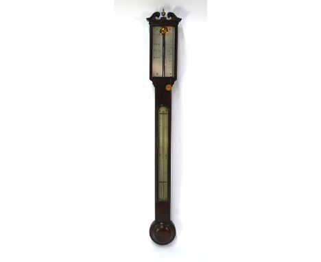 W &amp; S Jones, London, a 19th century mahogany stick barometer with engraved silvered registers, 95 cm long&nbsp;glass ok, 