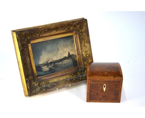 A Regency inlaid mahogany and amboyna tea caddy with domed top, 13 cm wide to/w a coloured engraving depicting a Panorama of 