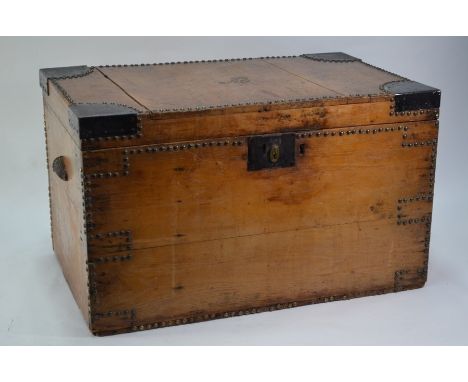An antique brass studded pine trunk, 79 cm w x 60 cm x 48 cm h