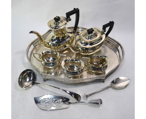 An epns five-piece tea/coffee service (including two sugar basins), to/w a galleried tray, Continental unmarked white metal s