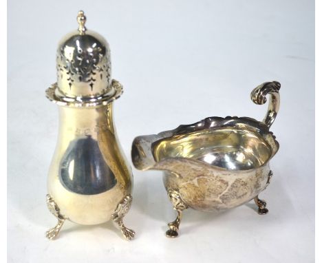 A baluster sugar caster, Barrowclift Silvercraft, Jubilee marked Birmingham 1977, 17 cm, to/w a sauce boat with scroll handle