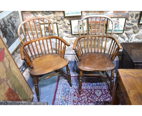 A companion pair of 19th century hoop and stick-back elm seat Windsor armchairs (2)