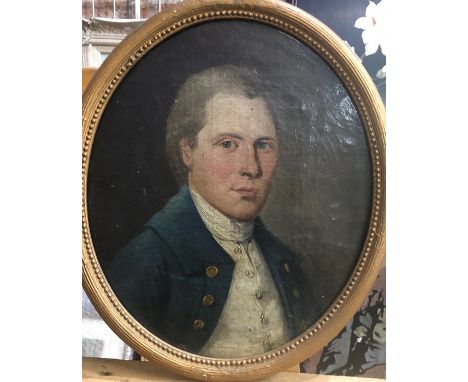 19th century English school - Portrait of a Naval Officer, oil on canvas, 28 x 23 cm (oval)Patched to reverse