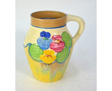 A Clarice Cliff Pansy Rhodanthe Isis jug, 19 cm highNo losses, cracks or chips; H/L crack to glaze at base of handle