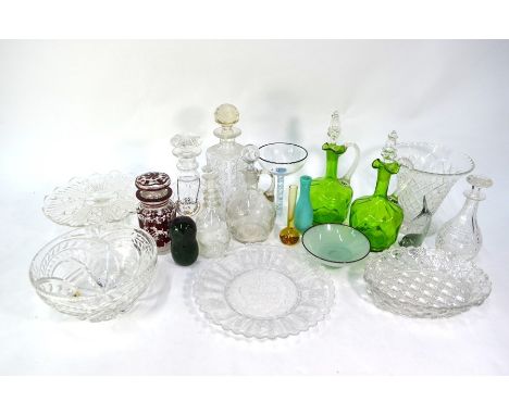 Various Victorian and later decorative glassware, including a pair of green claret jugs and other decanters, ruby flash pickl