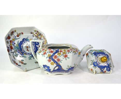 A Regency Spode Stone China square teapot on stand, with printed and painted floral design, stand 18 cm square, Blue mark c18