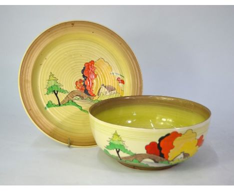 A Clarice Cliff 'Lorna' pattern fruit bowl, 21.5 cm diameter, to/w a similar unmarked 25 cm plate, painted to match (2)