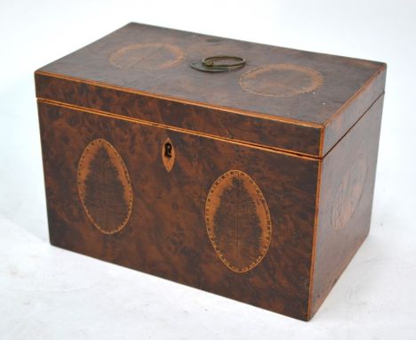 A George III burr yew tea caddy with ovoid inlays, the interior with two lidded compartments 20.5 cm w x 12.5 cm x 14 cm h