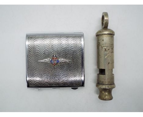 A square white metal compact with engine-turned cover applied with an enamel RAF badge, circa 1950s, together with a World Wa