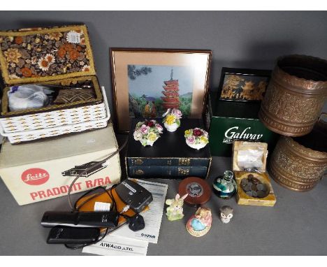 Lot to include a sewing box and contents, boxed Galway crystal wine glasses, Mdina paperweight, ceramics, cork diorama and si