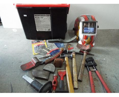 Panel Beating Tools. Sykes Pickavant Hammers, Welders Mask and various other related items. Tool box with two wheels.Lot desc