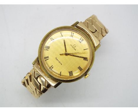 A gentleman's early 1970s gold plated Omega wristwatch on a gold plated Fixoflex band, graned gold finish dial with Roman num