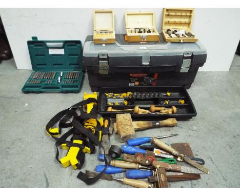 B & Q Toolbox with various Wood working tools. Drill bits, Chisels, Etc.Lot descriptions reflect the cataloguer's opinion onl