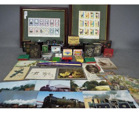Lot to include vintage match boxes, match box covers, 'Golly' band figurines, a small quantity of postcards and two framed se