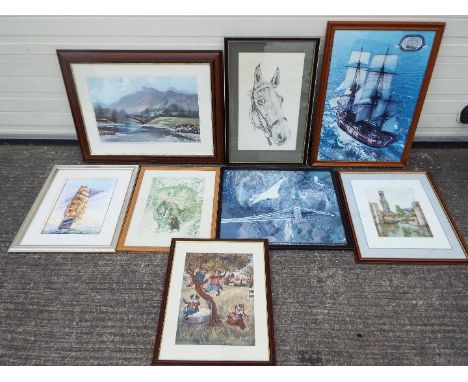 A collection of framed pictures to include prints, etching, watercolour, varying image sizes.