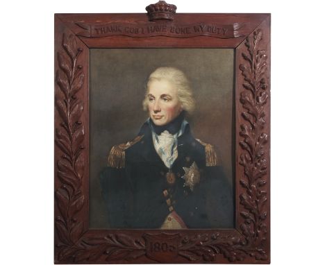 English School (20th century), Portrait of Lord Nelson, coloured print, 51 x 41cm, in heavy carved oak frame inscribed "Thank