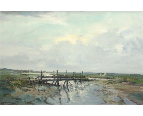 •AR Jack Cox (1914-2007), North Norfolk estuary with stick bridge, oil on board, signed lower left, 49 x 74cm