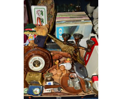 TWO BOXES OF SUNDRY ITEMS to include a barometer, treen items, coasters, modern Teddy Bear etc and a box of classical LP reco