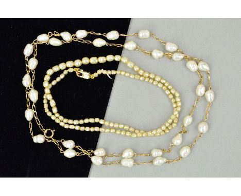 A CULTURED PEARL NECKLACE AND AN IMITATION PEARL NECKLACE, the first designed as cultured pearls interspaced by curb links to
