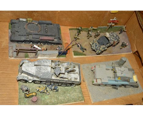 FOUR GERMAN WWII THEMED DIORAMAS, scratchbuilt and constructed from plastic kits, assorted scales and manufacturers, all cons