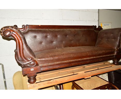 AN EARLY VICTORIAN MAHOGANY SOFA, foliate carved with scrolled arms (sd)