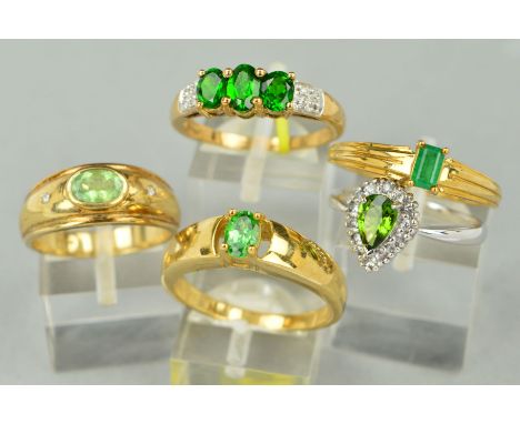 A COLLECTION OF GEM SET 9CT GOLD DRESS RINGS to include a pearl shaped green gem and white sapphire cluster, ring size N 1/2,