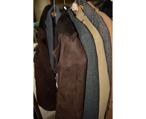SIX VARIOUS GENTLEMAN'S COATS, to include 'Hammersley' wool coat, a suede coat (BORG), a Crombie etc (6)
