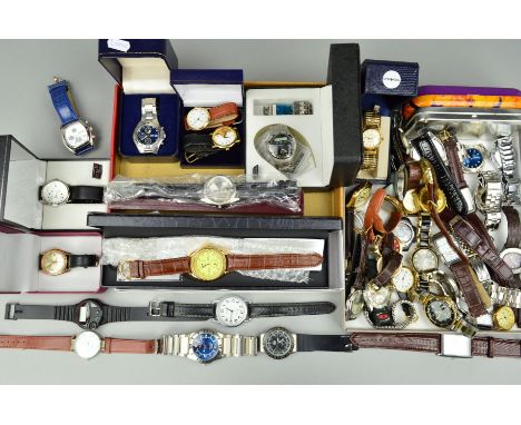 TWO SMALL BOXES OF GENTLEMAN'S WRIST WATCHES to include makes such as Lorus, Philip Mercier, Fossil, Oris, some with leather 