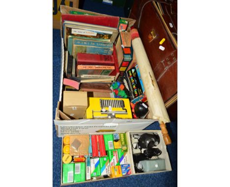 A QUANTITY OF EPHEMERA, to include vintage photography items and literature, boxed Vulkan Junior childs sewing machine, toys 