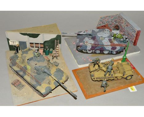 THREE GERMAN WWII THEMED MILITARY VEHICLE DIORAMAS, scratchbuilt and constructed from plastic kits , assorted scales and manu
